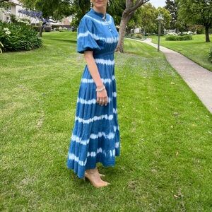 Sole by Mare Sole Amore Linen Blend A-Line Tie Dye Midi Dress White/Blue Sz S